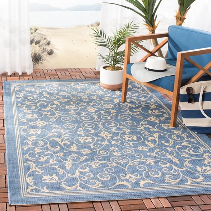 SAFAVIEH Courtyard Collection 6'7" x 9'6" Blue / Natural CY2098 Scroll Indoor/ Outdoor Waterproof Easy-Cleaning Patio Backyard Mudroom Area-Rug