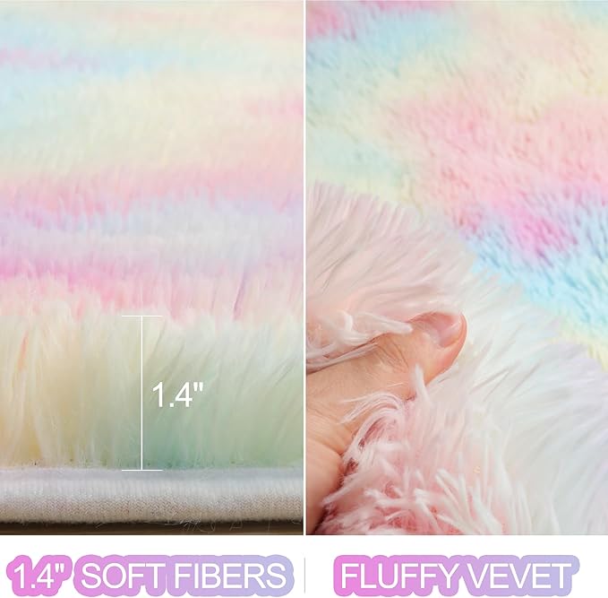 RUGTUDER 6x9 Rainbow Colorful Area Rugs for Girls Bedroom, Kawaii Princess Shaggy Rugs for Kids Playroom, Plush Soft Cute Baby Nursery Carpet, Toddler Girl Room Decor, Home Decor Aesthetic