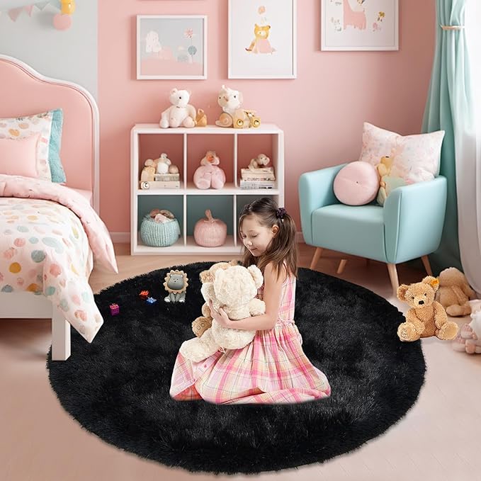 Black Fluffy Round Area Rugs for Bedroom,3'X3'Shag Circle Area Rugs for Living Room,Non Slip Fuzzy Plush Rug for Kids Room Boys Girls Room and Dorm Home Decor Rug