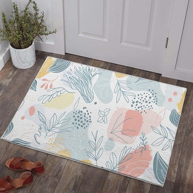 2x3 Entryway Rug Boho Minimalist Botanical Leaf Small Area Rug Thin Carpet Bathroom Non Slip Indoor Entrance Low Pile Door Mat Kitchen Stain Resistant Washable Machine
