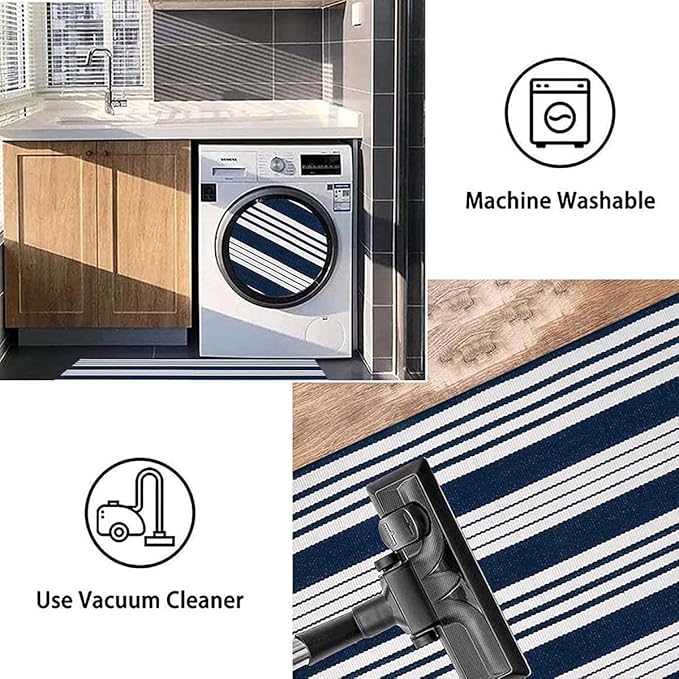 Blue and White Outdoor Rug 24'' x 51''Striped Front Porch Mat Hand-Woven Machine Washable Layered Door Mats for Entryway/Bedroom