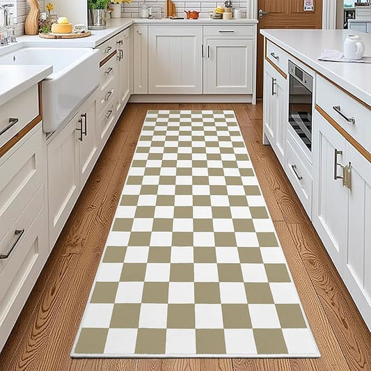 Terrug Beige and White Checkered Runner Rug for Bedroom, 2x6 Soft Washable Rug with Non Slip, Low Pile Stain Resistance Carpet for Entryway Hallway Kitchen Laundry Living Room