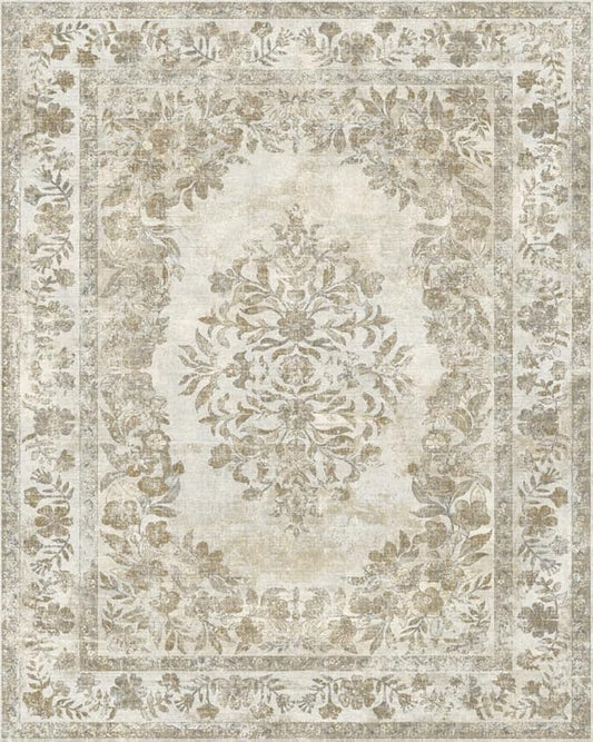 8x10 Area Rug Beige Washable Vintage Distressed Living Room Carpet Large Bedroom Indoor Medallion Floral Non Slip Retro Throw Floor Mat for Office Dining Room Kitchen Bathroom