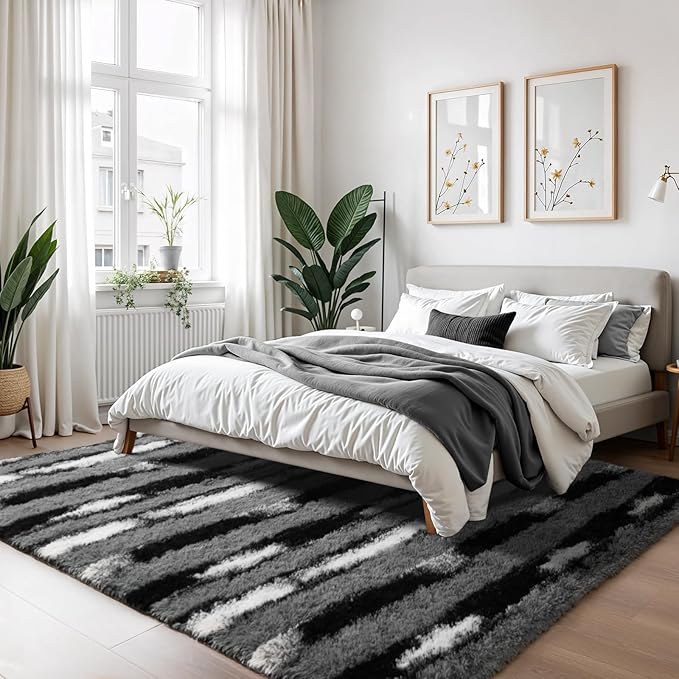 Zentavio Area Rugs for Living Room Large Rugs for Bedroom 5x8 Carpet Fluffy Fuzzy Soft Shag Aesthetic Plush High Pile Throw Rug for Nursery Kids Room Dorm Vertical Stripes Black White