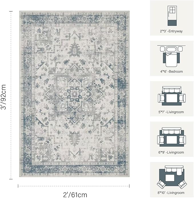2x3 Door Mat Indoor Entrance, Washable Non Slip Kitchen Bathroom Rugs, Ultra-Thin Throw Small Rug for Front Door/Indoor Entrances, Blue Grey