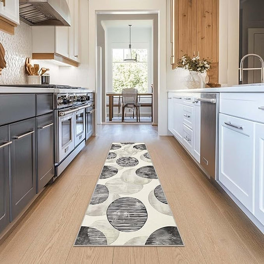 2x6 Kitchen Runner Rug Abstract Minimalist Black Beige Circle Design Hallway Entryway Washable Thin Rugs Modern Neutral Non Slip Low Pile Door Mat Entrance Small Carpet for Laundry Bathroom Bedroom