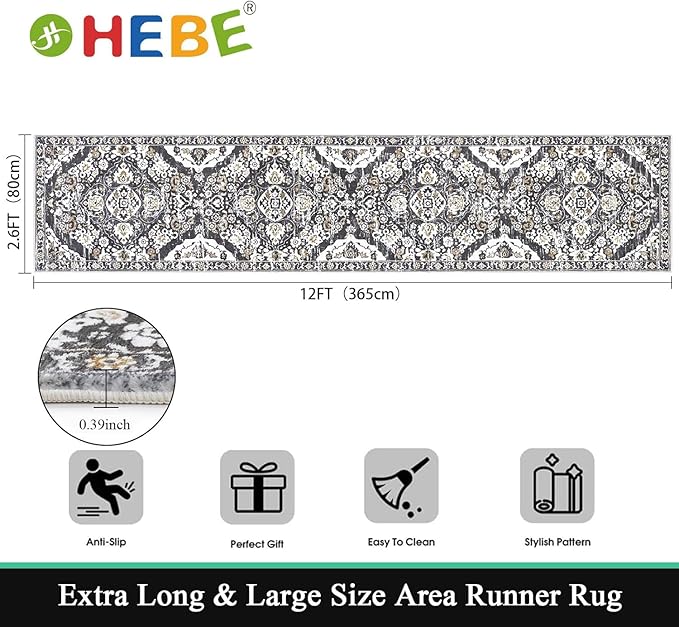 HEBE Hallway Runner Rug 2'8''x12' Washable Vintage Distressed Area Rugs Non Slip Laundry Rug Runner Boho Floor Carpet Runners for Hallways Entryway Laundry Room Kitchen Bathroom