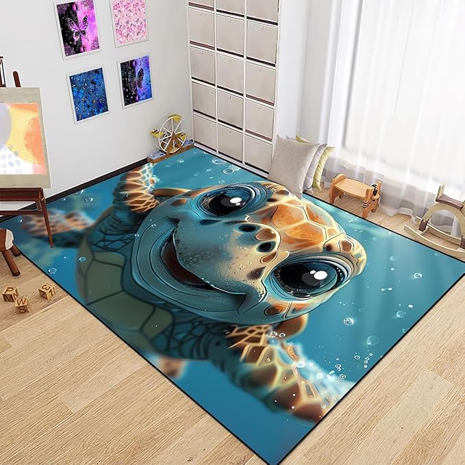 Sea Turtle Rugs - Seafloor Turtle Area Rugs for Kids 70 x 55 Inches Ocean Life Turtles Carpet Rugs for Bedroom Living Room Kids Room Decor