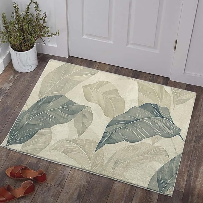 2x3 Entryway Rug Vintage Botanical Leaf Beige Area Rug Thin Small Carpet Bathroom Non Slip Indoor Entrance Low Pile Door Mat Kitchen Stain Resistant Washable Machine