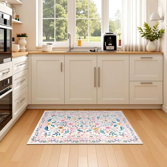 Terrug 2x3 Pink Floral Area Rug for Entryway,Boho Machine Washable Throw Rugs with Non-Slip Blacking for Kitchen,Small Flower Carpet for Bedroom Front Door Laundry Floor Decor