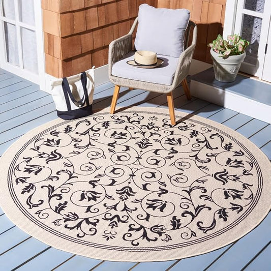 SAFAVIEH Courtyard Collection 7'10" Round Sand / Black CY2098 Scroll Indoor/ Outdoor Splashproof Easy Scrubbing Patio Backyard Mudroom Area Rug