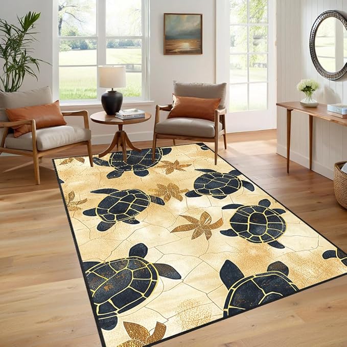 Yellow Sea Turtle Rug - Sea Turtle Carpet, Beach Themed Carpet for Kids Teens Adults Ocean Animal Rugs for Living Room Indoor Coastal Children Play Room Floor Mat 2.5x4 Feet