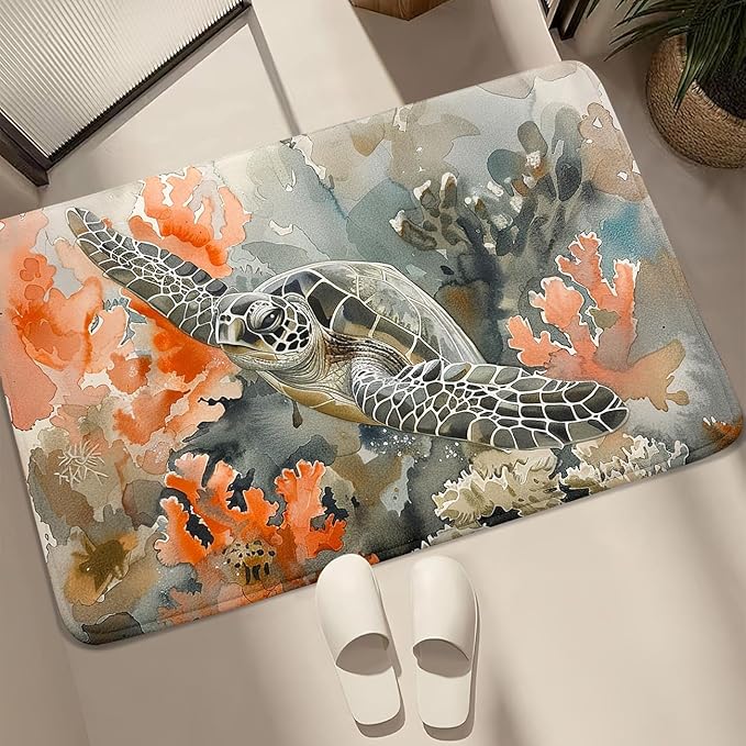 Sea Turtle Carpet Rug - Kids Coastal Rugs for Bedroom Ocean Life Theme, 35" L x 23" W