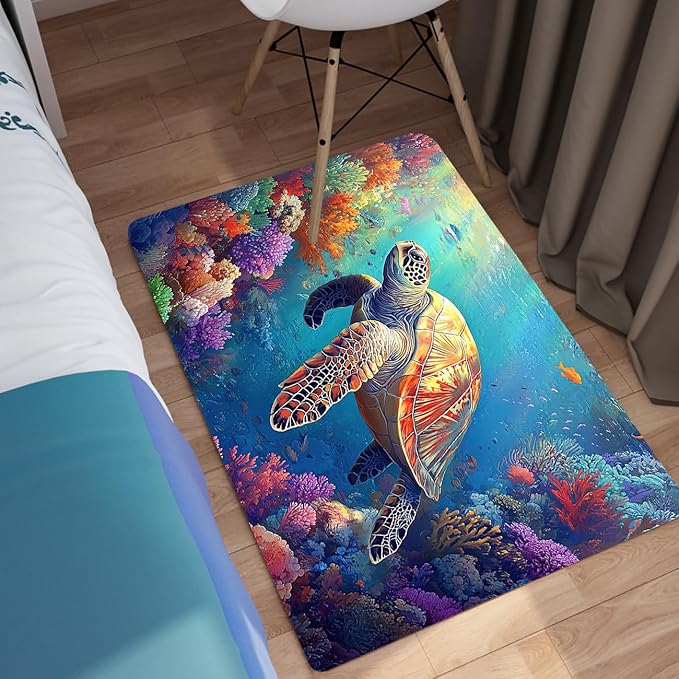 Sea Turtle Rug for Bedroom - Sea Turtle Ocean Animal Prints Carpet Rug for Kids Boys Room Underwater Ocean Theme Decor, 35" L x 23" W