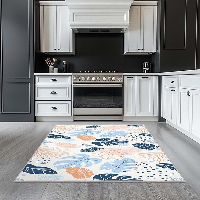 4x6 Rug Boho Botanical Tropical Leaf White Area Rug Bedroom Ultra-Thin Soft Low Pile Large Carpet Living Room Non Slip Dining Room Office Stain Resistant Washable Machine