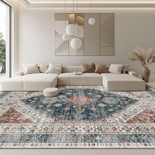 Oversized Rug for Living Room-Machine Washable Area Rugs 9'x12' for Bedroom, Non-Shedding Faux Wool Vintage Design Boho Low Pile Mat Rugs,Stain Resistant Rugs with Non-Slip Backing（Dark Color）