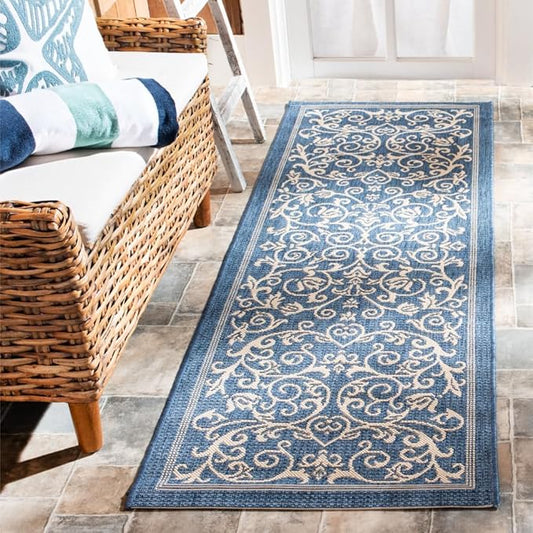 SAFAVIEH Courtyard Collection Runner Rug - 2'3" x 6'7", Blue & Natural, Scroll Design, Non-Shedding & Easy Care, Indoor/Outdoor & Washable-Ideal for Patio, Backyard, Mudroom (CY2098-3103)
