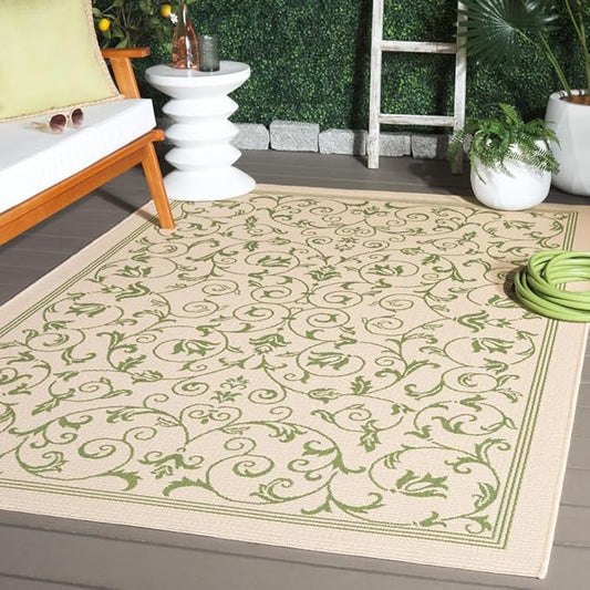 SAFAVIEH Courtyard Collection 6'7" x 9'6" Natural / Olive CY2098 Scroll Indoor/ Outdoor Splashproof Easy Scrubbing Patio Backyard Mudroom Area Rug