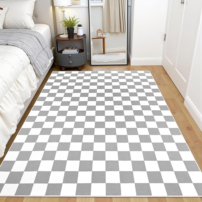 Terrug Grey and White Checkered Rug for Living Room Bedroom, 3x5 Soft Washable Area Rug with Non Slip, Low Pile Stain Resistance Carpet for Kids Room Entryway Kitchen Dorm