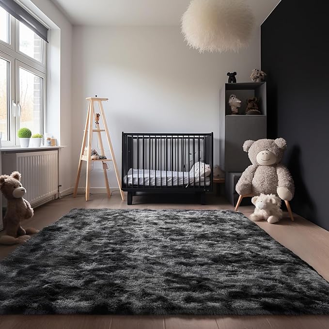 Zentavio Black and Grey Area Rugs for Living Room Large Men Room Carpet 9x12 Bedroom Fluffy Furry Shag Aesthetic Plush High Pile Floor Rug for Kids Room Dorm Home Decor Gray