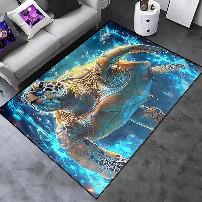 Sea Turtle Carpet Rug - Kids Coastal Rugs for Bedroom Deep Sea Turtle Area Rug for Living Room Ocean Life Theme, 59" L x 39" W