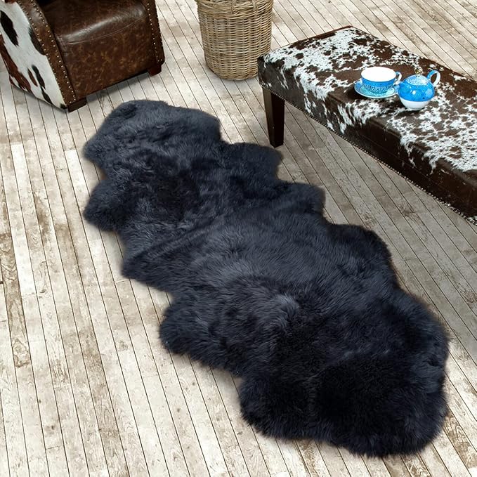 HUAHOO Premium Genuine Sheepskin Rug Black Real Australia Sheepskin Natural Luxury Fluffy Lambskin Fur Area Rug Seat Covers for Kids Bedroom Sofa Chair Cover Pets Dogs Mat Double Pelt/2' x 6' Black