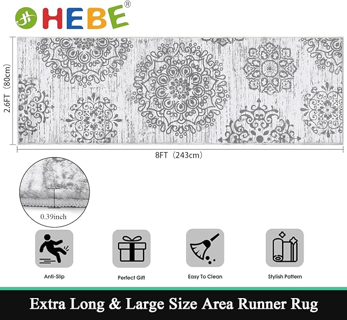 HEBE Hallway Runner Rug 2'8''x8' Washable Vintage Distressed Area Rugs Non Slip Laundry Rug Runner Boho Floor Carpet Runners for Hallways Entryway Laundry Room Kitchen Bathroom