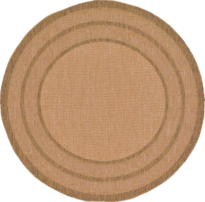 Unique Loom Outdoor Border Collection Area Rug - Multi Border (6' 1" Round, Tan/ Light Brown)