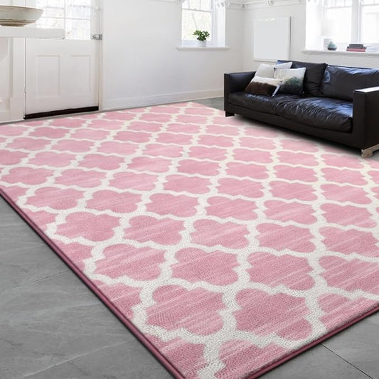 Geometric Shag Modern Area Rug for Living Room Bedroom, 3x5 Distressed Moroccan Fluffy Rug Indoor Carpet for Kids Nursery Bedside Room Decor, Memory Foam Super Soft Shaggy Rugs, Pink/White