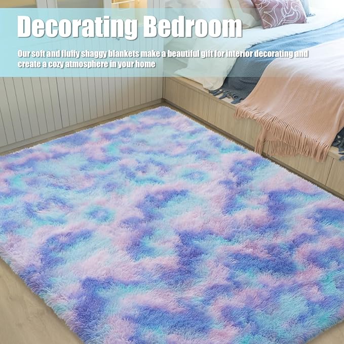 6x9 Fluffy Area Rug for Living Room,Shag Area Rugs for Bedroom,Soft Fuzzy Rug Non-Shedding Indoor Plush Carpet for Kids Bedroom Nursery Dorm Home Decor,Rainbow Purple