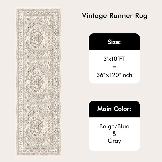 3x10 Runner Rug for Hallway Washable: Non Slip Kitchen Rugs with Rubber Backing Soft Waterproof Mats Stain Resistant Indoor Vintage Carpet Runner for Bedroom Bathroom Laundry Entryway Beige/Gray