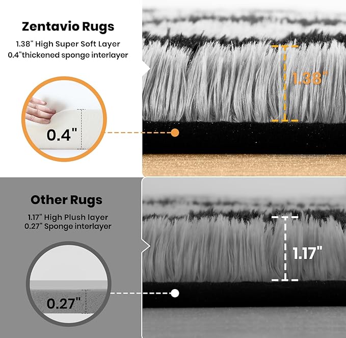 Zentavio Area Rugs for Living Room Large Rugs for Bedroom 6x9 Carpet Fluffy Fuzzy Soft Shag Aesthetic Plush High Pile Gray Throw Rug for Nursery Kids Room Dorm Horizontal Stripes Black Grey