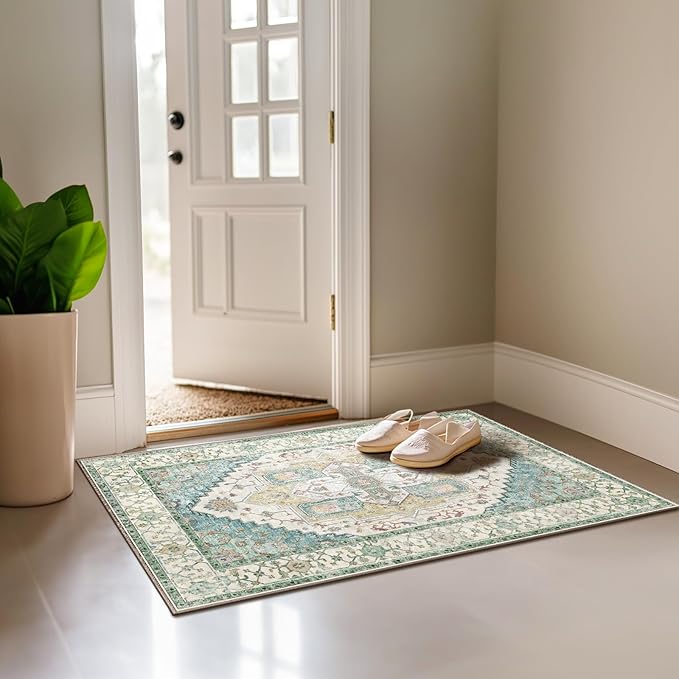 Washable 2x3 Area Rugs, Rugs for Living Room, Low-Pile Water&Stain Resistant Carpet Vintage Distressed Printed Non-Slip Carpet for Bedroom Bathroom Kitchen-Grass Green