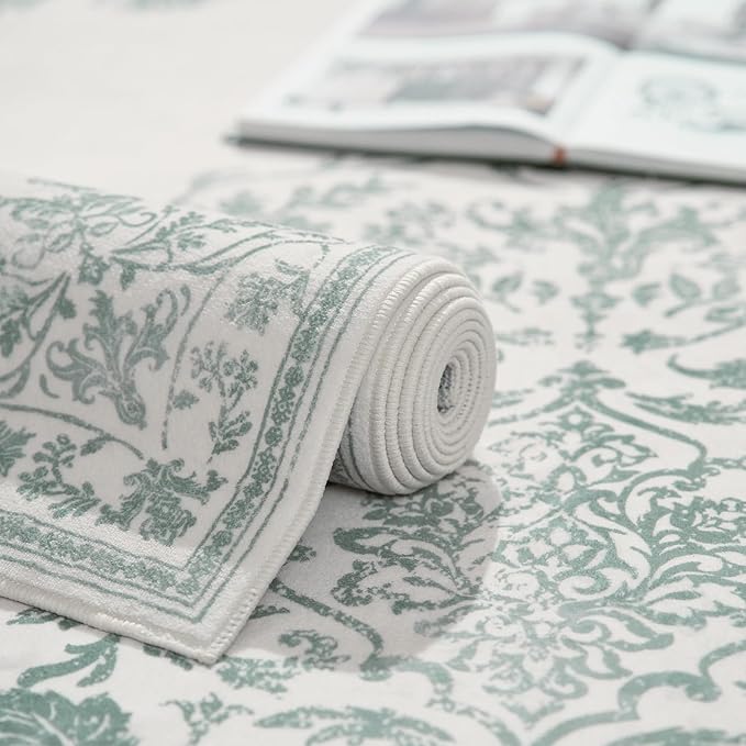 jinchan Runner Rug 2x5 Kitchen Washable Rug Vintage Entryway Hallway Runner Ultra-Thin Non Slip Carpet Floral Medallion Boho Floor Carpet for Bedroom Bathroom Laundry Room Farmhouse Green On Cream
