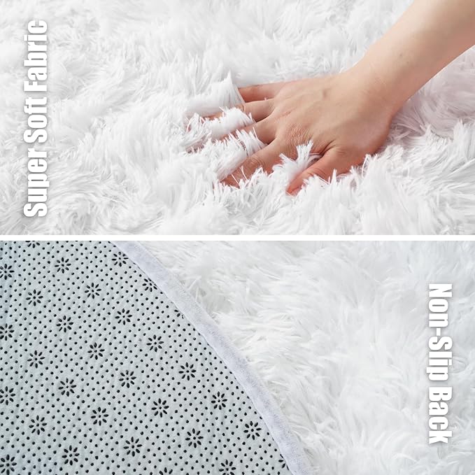 White Fluffy Round Area Rugs for Bedroom,5'X5'Shag Circle Area Rugs for Girls Room,Non Slip Fuzzy Plush Rug for Kids Room Living Room and Dorm Home Decor Rug