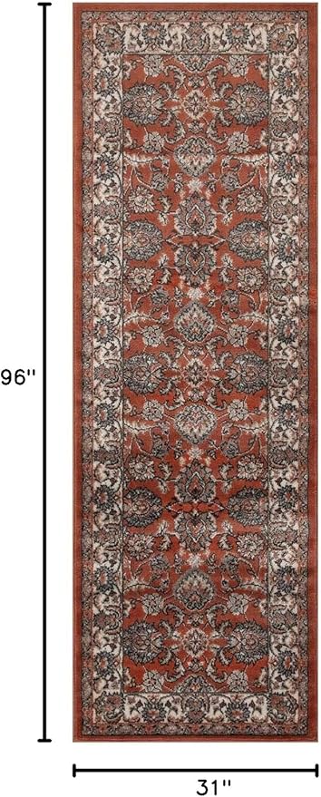 Superior Indoor Runner Rug, with Jute Backing, Chic Bordered Floor Decor for Living Room, Bedroom, Office, Entryway, Kitchen, Dining, Floral Design, Lille Collection, 2' 7" x 8', Brown-Salmon