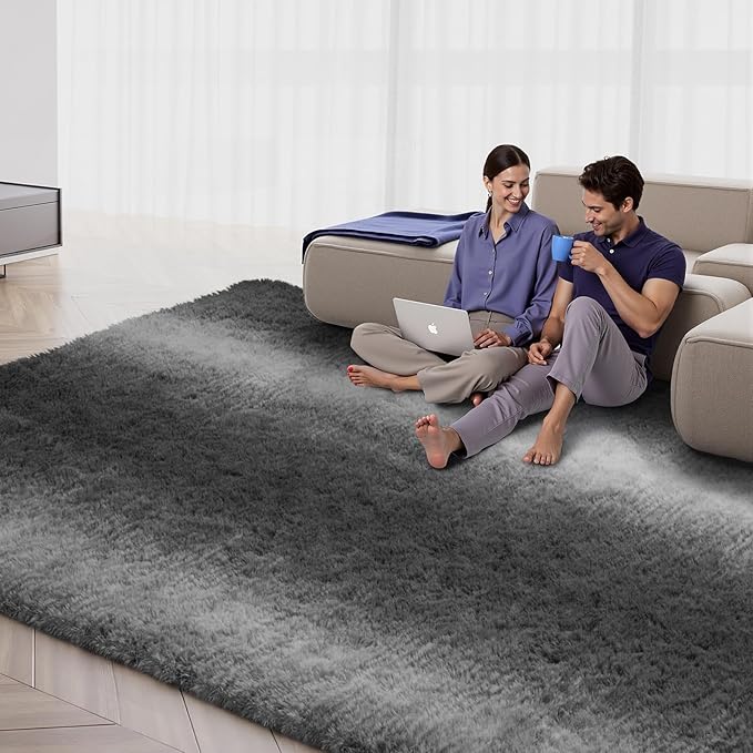 Zentavio Area Rugs for Living Room Large Rugs for Bedroom 6x9 Carpet Fluffy Soft Shag Aesthetic Plush High Pile Gray Throw Rug for Nursery Kids Room Dorm Grey White