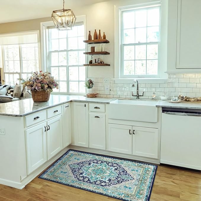 BESTSWEETIE 2x3 Area Rugs for Living Room Washable Non Slip Carpet Low Pile Soft Vintage Print Pattern Rug for Bedroom Dining Room Kitchen Entryway Indoor-Teal/Navy/Green/Yellow