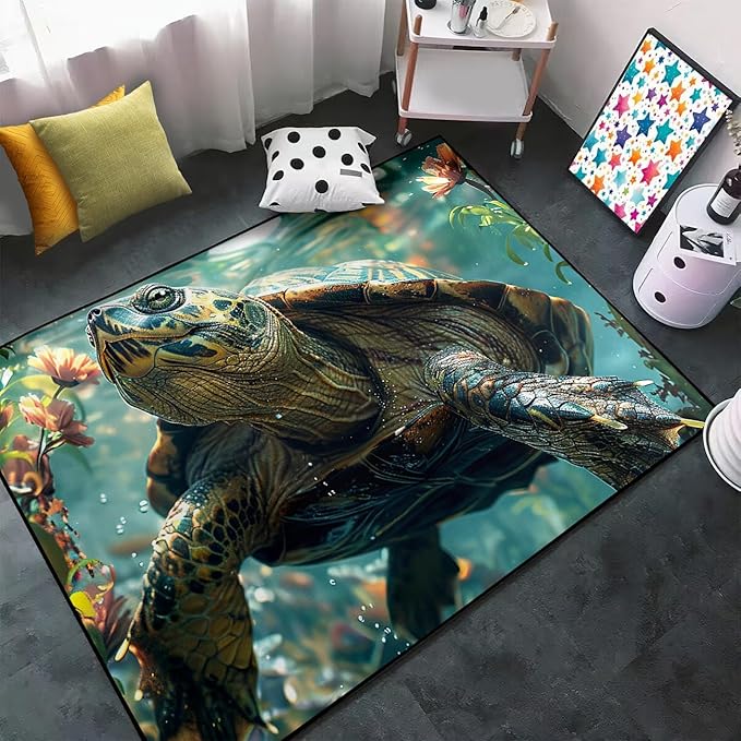Sea Turtles Rug for Kids - Sea Turtle Area Rug 47" L x 31" W Ocean Life Turtles Carpet for Bedroom Living Room Ocean Turtle Kids Room Decor