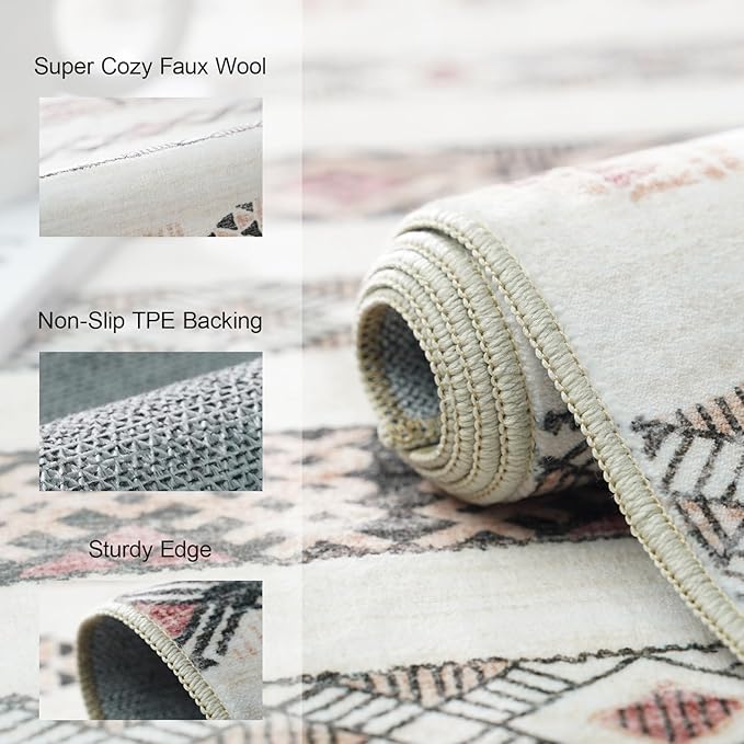 10x14 Washable Area Rug: Moroccan Large Neutral Boho Area Rug for Living Room & Bedroom Geometric Non-Slip Farmhouse Carpet for Living Room Beige Colourful 10'x14'.