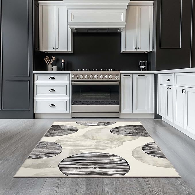 4x6 Rug Abstract Minimalist Black Beige Circle Design Modern Neutral Area Rug Bedroom Ultra-Thin Soft Low Pile Large Carpet Living Room Non Slip Dining Room Office Stain Resistant Washable Machine