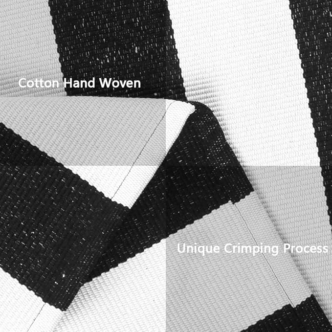 Seavish Black and White Striped Rug, 4’x6’ Indoor Outdoor Patio Rugs, Handmade Woven Farmhouse Front Porch Rugs, Machine Washable Modern Cotton Area Rugs for Living Room Entryway Dorm Apartment