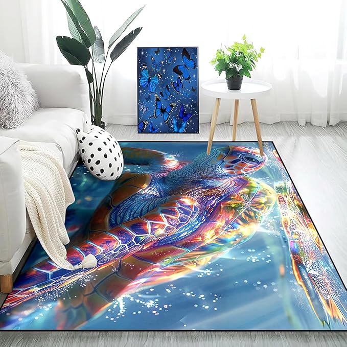 Sea Turtle Carpet Rug - Kids Coastal Rugs for Bedroom Ocean Life Theme, 70" L x 55" W