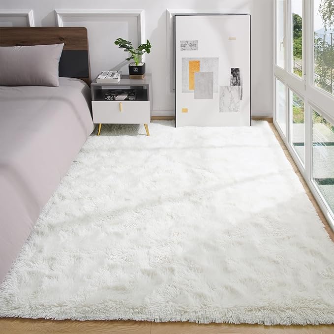 YJ.GWL Area Rugs for Living Room Bedroom, 9x12 Machine Washable Large Cream Carpet, Soft Fluffy Shaggy Thick Big Shag Indoor Floor Rug for Kids Boy and Girls Room Dorm Home Decor Aesthetic