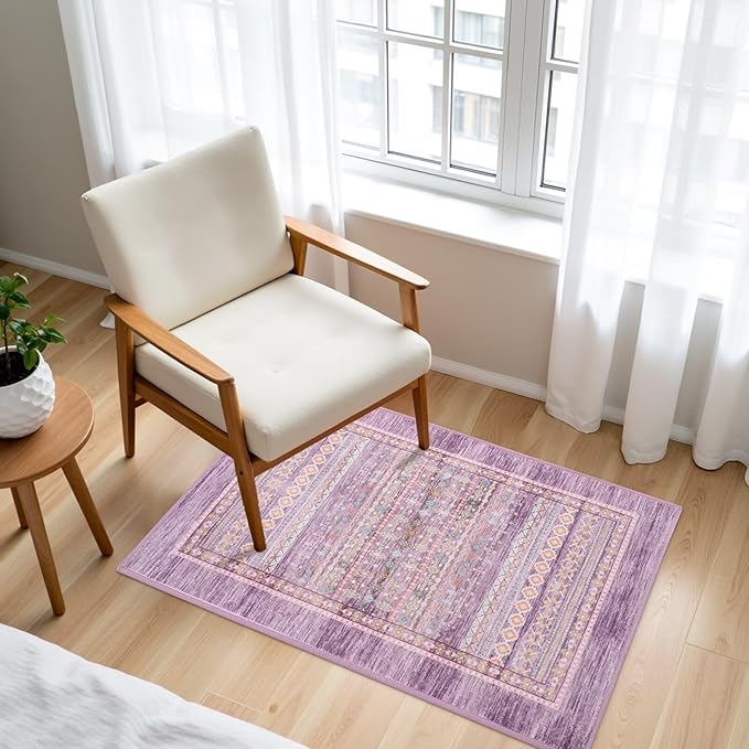 2x3 Small Rugs for Bedroom, Washable Aztec Geometric Indoor Entryway Door Rug with Non-Slip Backing, Soft Moroccan Throw Rug Western Carpet for Kitchen Home Office, Purple & Pink