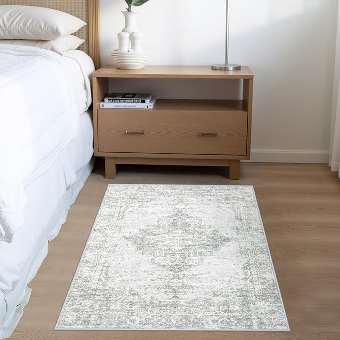 Vintage Washable Area Rugs 2x3: Small Entryway Rug with Non-Slip Backing Low Pile Rugs Soft Indoor Floor Thin Carpet Neutral Carpets for Bedroom Kitchen Laundry Under Dining Table Gray/Ivory