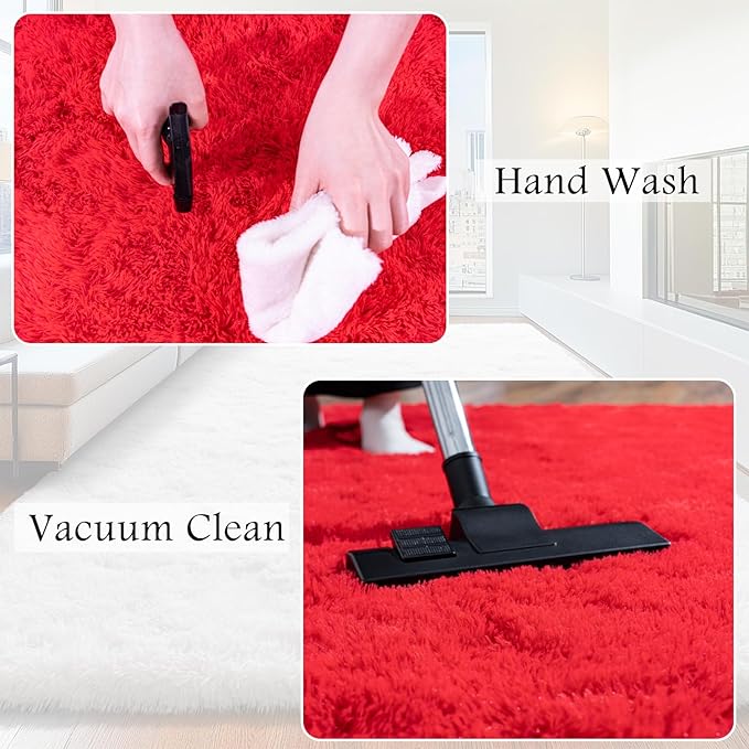 4x6 Area Rug for Bedroom, Red Rugs for Living Room Nursery Kids Room Dorm Home Decor Aesthetic, Fluffy Shaggy Rug with 4 Anti-Slip Carpet Tapes