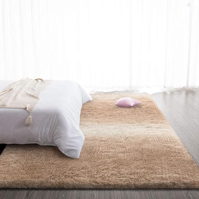 TWINNIS Super Soft Shaggy Rugs Fluffy Carpets, 5x8 Feet, Indoor Modern Plush Area Rugs for Living Room Bedroom Kids Room Nursery Home Decor, Upgrade Anti-Skid Rectangular Fuzzy Rug, Tan White
