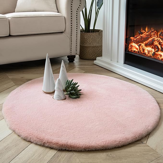 Ashler HOME DECO Ultra Soft Faux Rabbit Fur Chair Couch Cover Area Rug for Bedroom Floor Sofa Living Room Pink Round 3 x 3 Feet