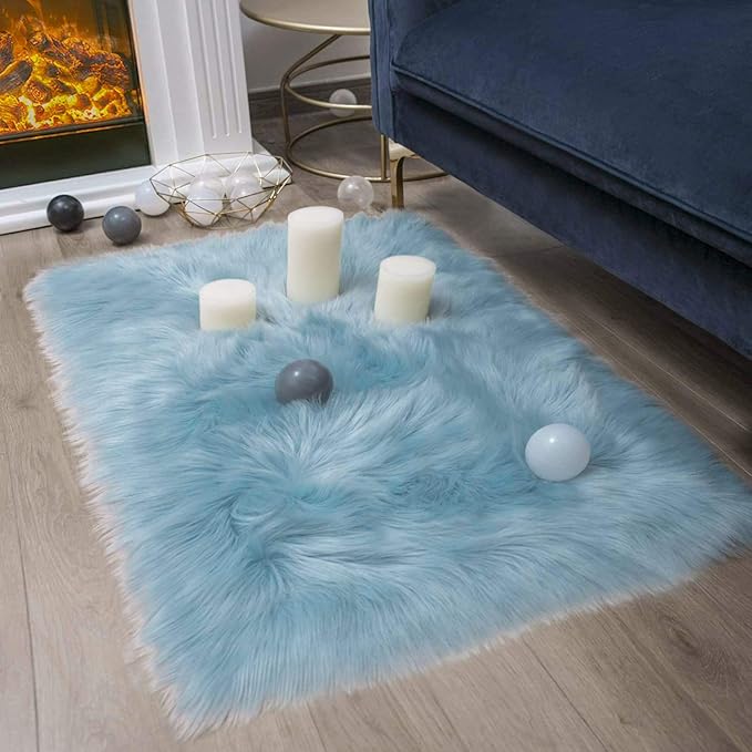 Ashler Fluffy Shaggy Faux Fur Rug - Ultra Soft Light Blue Fuzzy Machine Washable 2 x 2.9 Feet Rectangle Rug for Bedroom, Kids Room, Living Room & Nursery Decor